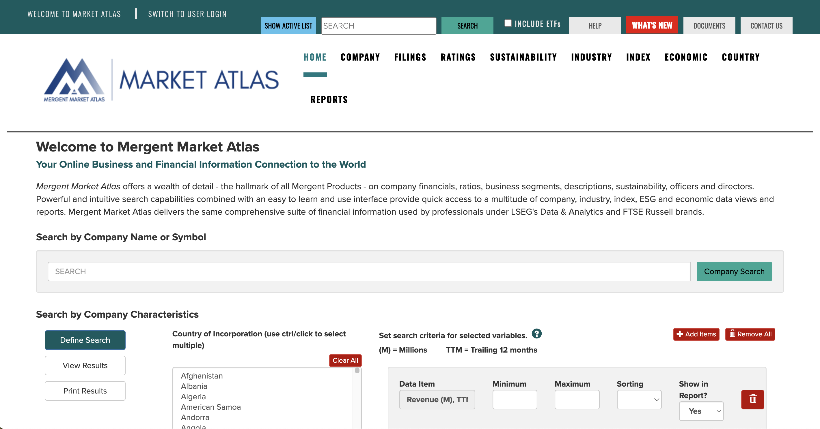 Screen grab on the Mergent Market Atlas landing page